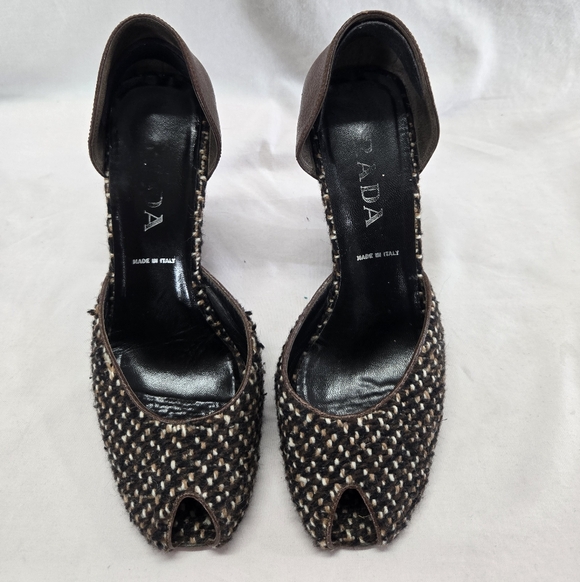 Vintage PRADA Women's 38 Brown Tweed Leather Peep Toe D’Orsay Heels Pumps *Flaw* - Picture 3 of 10